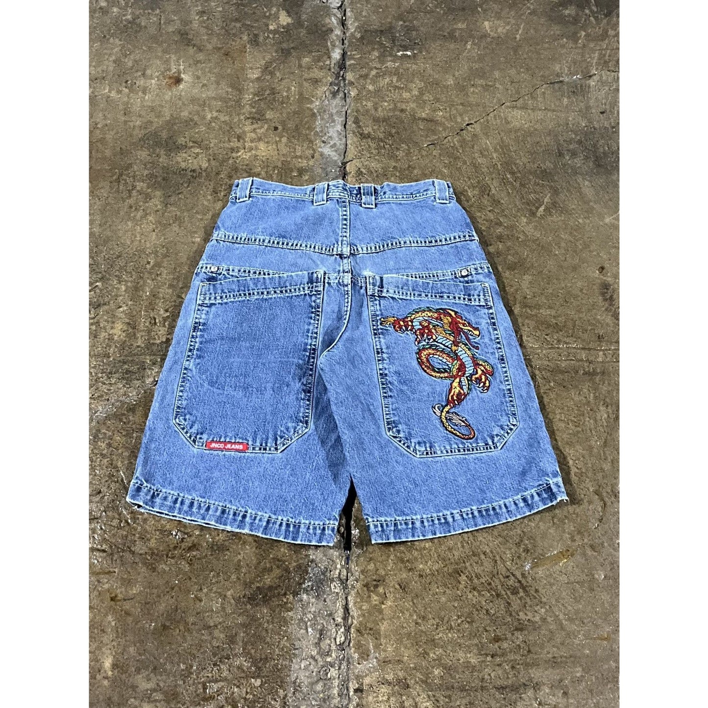 Vintage Y2K JNCO Embroidered Dragon Denim Shorts (28)