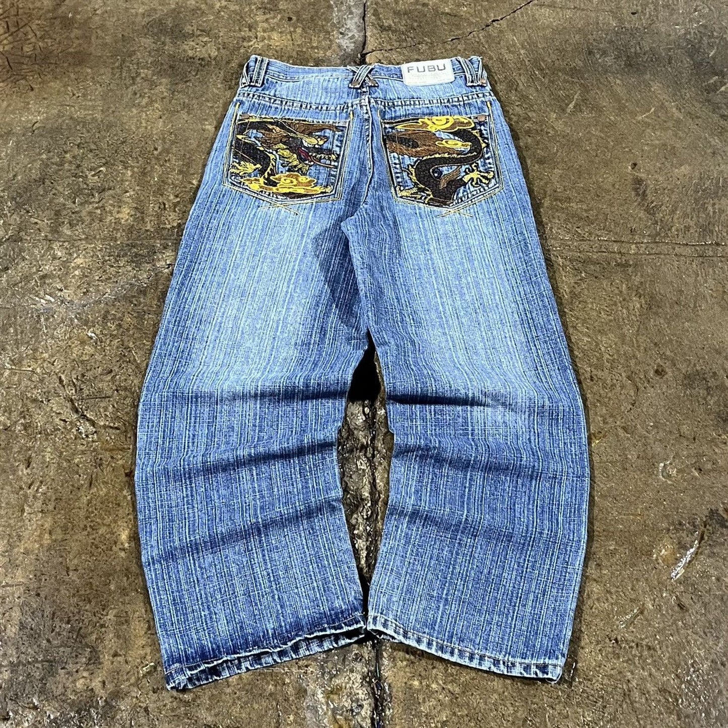 Vintage Y2K FUBU Embroidered Dragon Baggy Jeans (28)