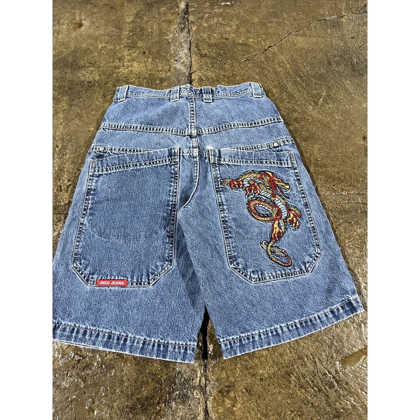 Vintage Y2K JNCO Embroidered Dragon Denim Shorts (28)