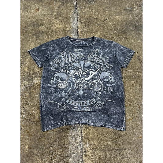 Y2K Silver Star Skull Grunge Affliction Style Tee Shirt (S)